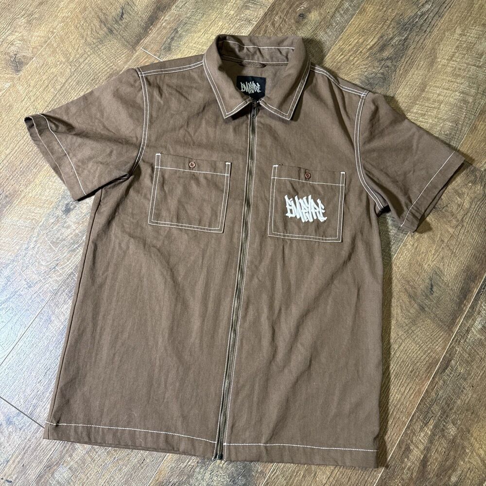 Empyre Brown Short Sleeve Zip Front Workshirt with Contrast Stitching Large